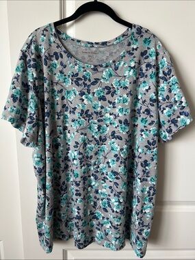 NWOT Woman Within Floral Gray Tee with Teal & Navy Print 3X